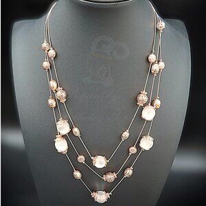 Rose Gold Colored Findings & Filigree & Acrylic Bead Multi Strand Necklace